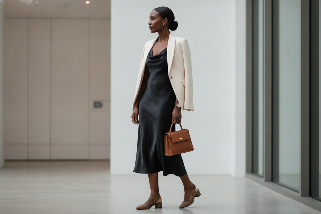 Black silk dress styled with a light neutral layer and understated accessories for a polished work outfit