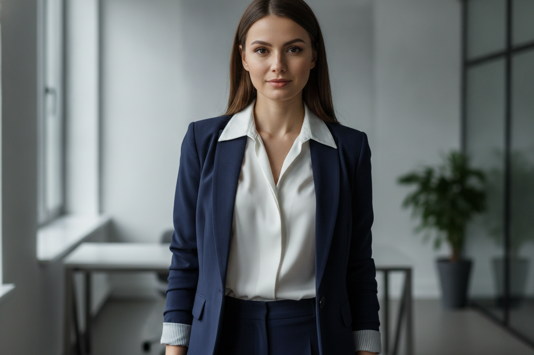 A navy suit jacket with a white silk blouse underneath in a professional office setting