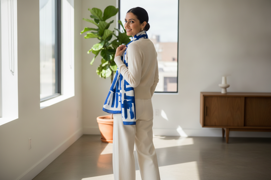 Styling a silk scarf with a neutral outfit on a woman standing in a bright room, showing a simple coordinated look with one accent color