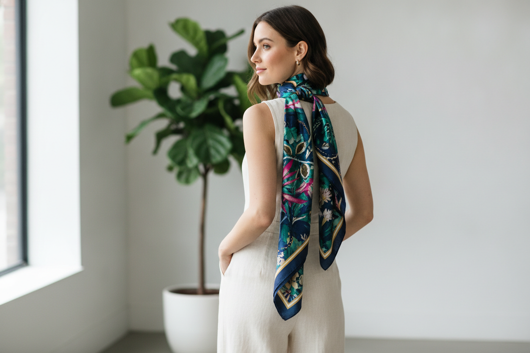 Woman styling a printed silk scarf with a simple solid outfit in a bright room