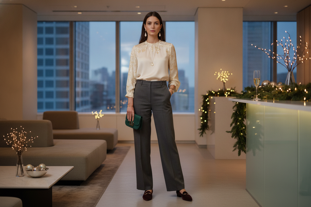 Professional work holiday party outfit with a polished blouse and tailored pants in a festive office-ready look