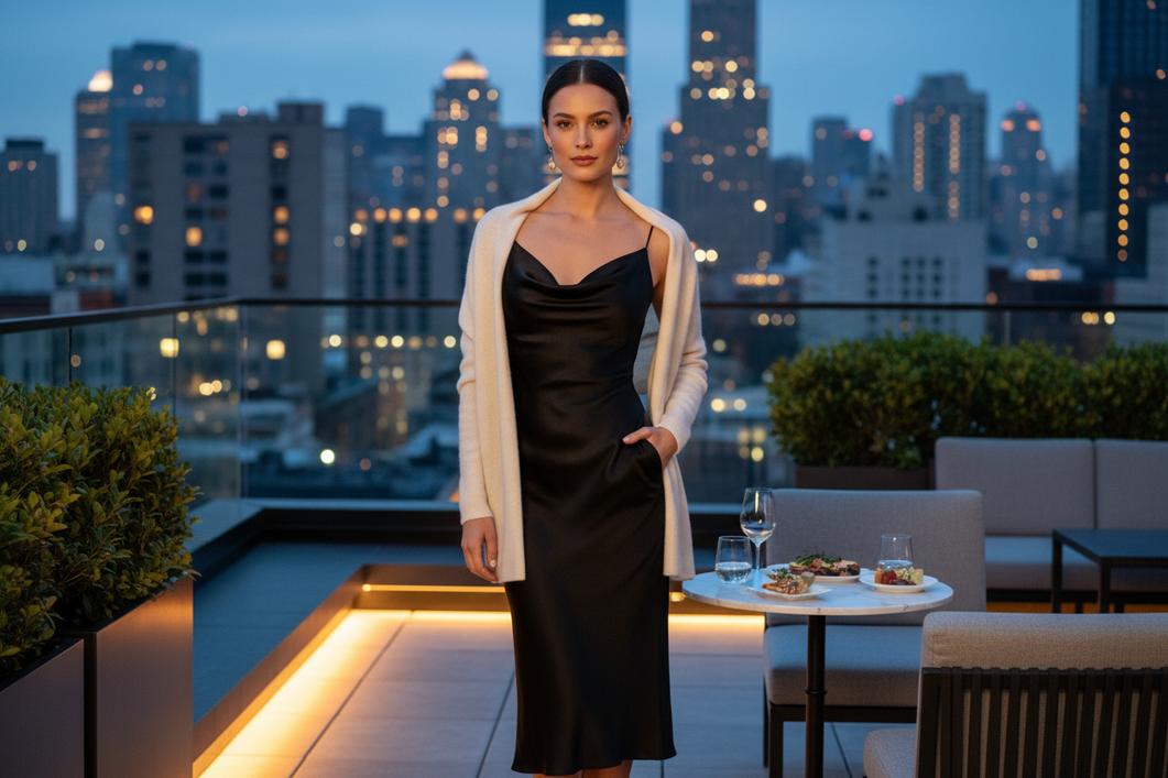 Woman in a silk dress and light layer on a rooftop terrace at sunset, ready for a date night as the evening cools