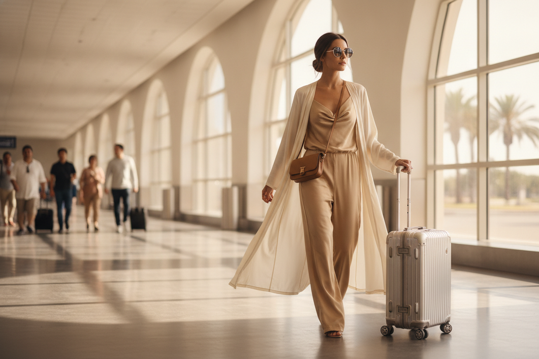 Woman wearing a silk travel outfit in a bright airport terminal with a light layer and carry-on bag