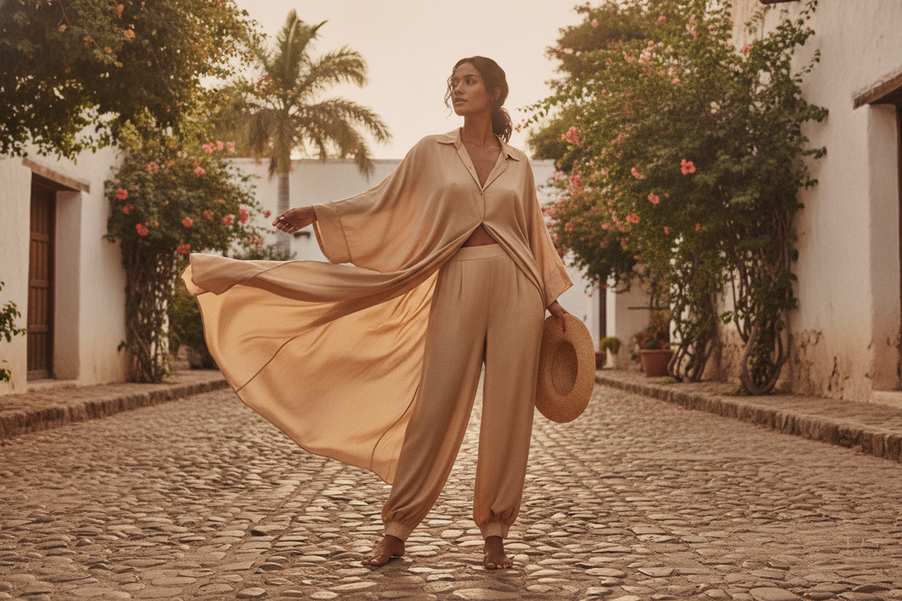 Silk outfit styled for hot, humid weather with a relaxed, airy silhouette and visible space away from the body