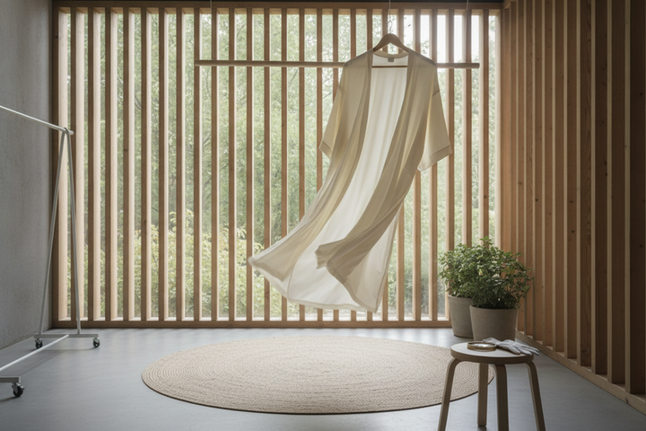 Silk garment hanging in shade with airflow after a summer day out, ready to dry and be checked before storage