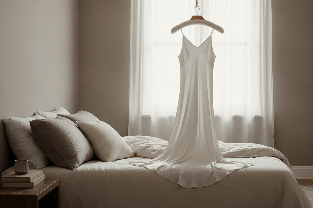 A silk nightgown styled for sleep, showing a relaxed fit that moves easily around the hips and legs