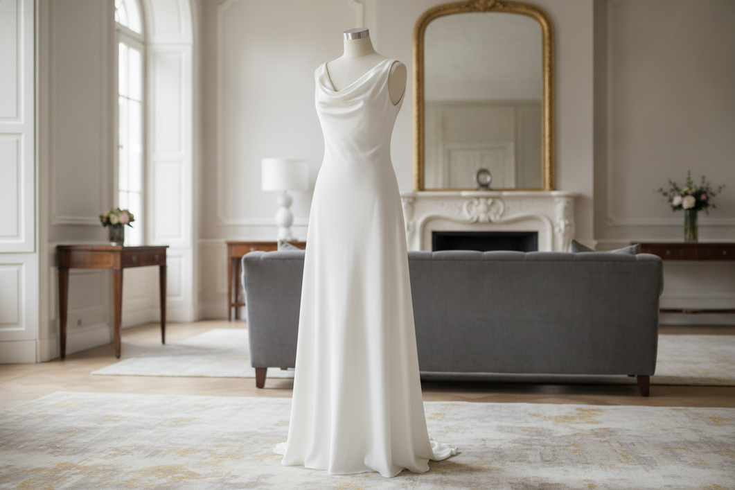 Silk dress with a structured neckline styled for a formal event