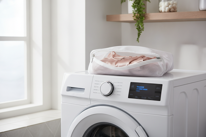 Folded silk garment inside a mesh laundry bag beside a gentle washing machine setting