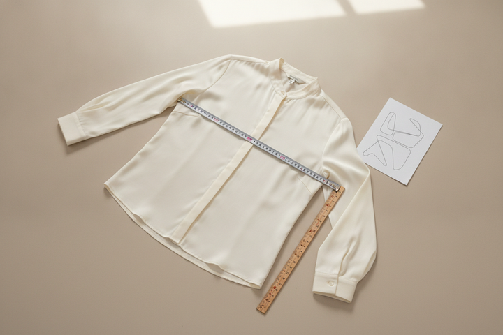 Silk blouse laid flat with size chart details and measuring tape for fit checking