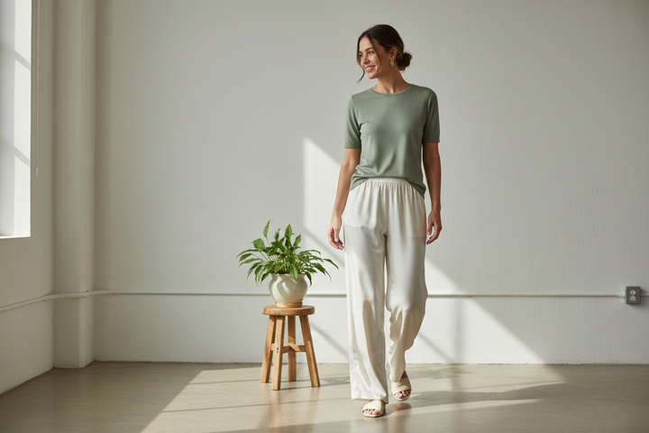 Woman styling silk pants with a matte top and simple shoes for a casual daytime look