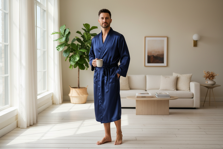 Men’s silk robe styled on a man standing in a relaxed indoor setting, showing a comfortable wrap fit for lounging