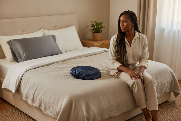 Silk pillowcase and bonnet arranged beside a person with a protective hairstyle, illustrating the choice between surface coverage and contained coverage.