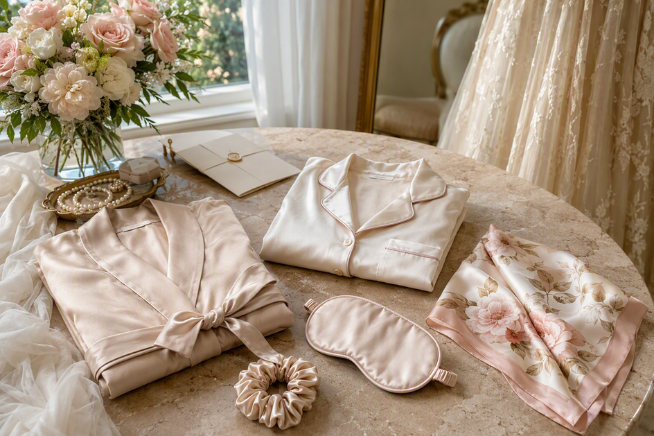 Bridal silk gifts arranged on a wedding-day preparation table with folded garments and small silk accessories.