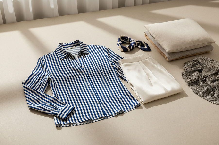 Women’s silk button-up shirt styled with coordinated clothing colors and silk accessories