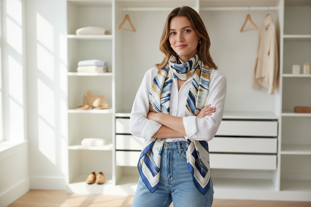 Silk scarf styled as a versatile accent with a polished outfit