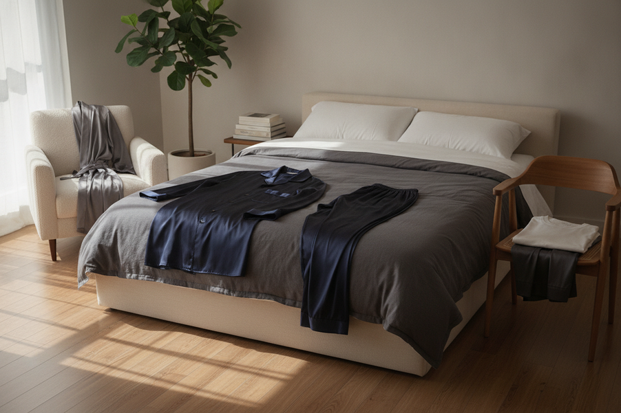 Three men’s silk sleepwear formats arranged for comparison: a pajama set, sleep pants with a separate top, and a robe