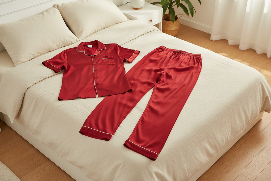 Men's silk pajama set arranged as an elevated sleepwear and lounging outfit in a calm bedroom