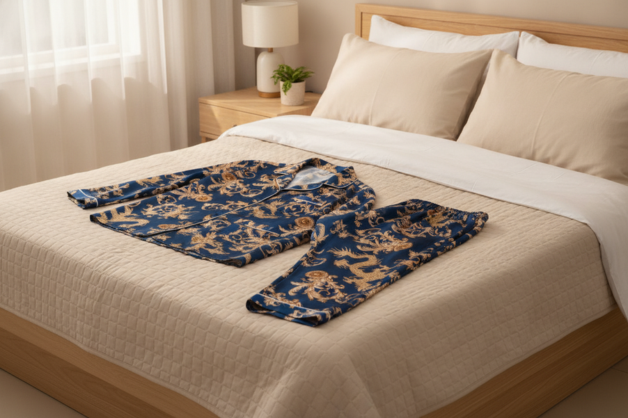 Lightweight men's silk sleepwear arranged in a calm bedroom setting