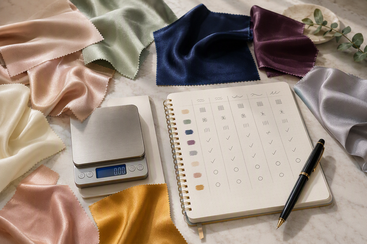 Silk fabric swatches arranged beside a comparison notebook and fabric-weight scale