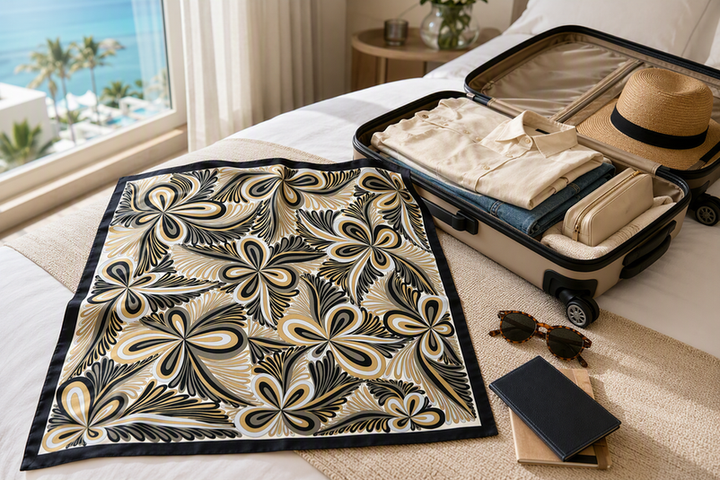 Square silk scarf arranged beside an open carry-on with summer travel accessories.
