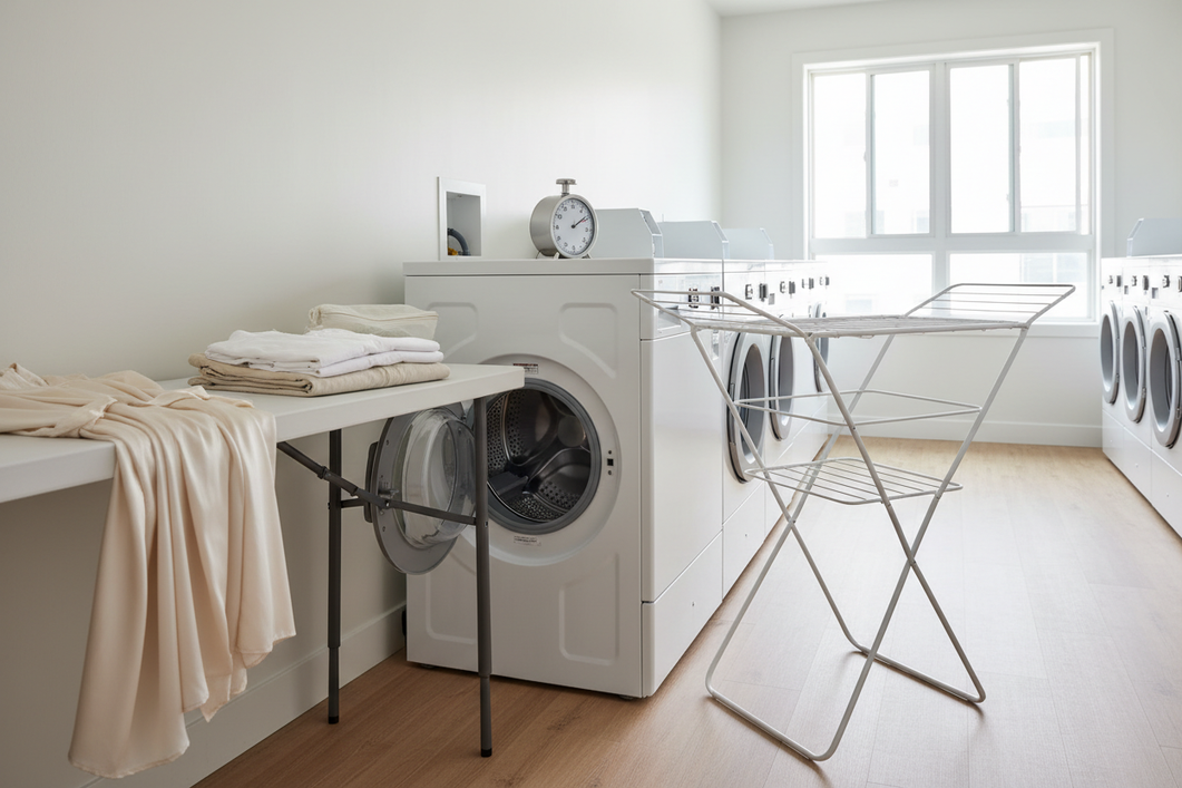 Silk garment care workflow in a shared laundry room, with a sorting area, drying space, and pickup reminder ready before washing