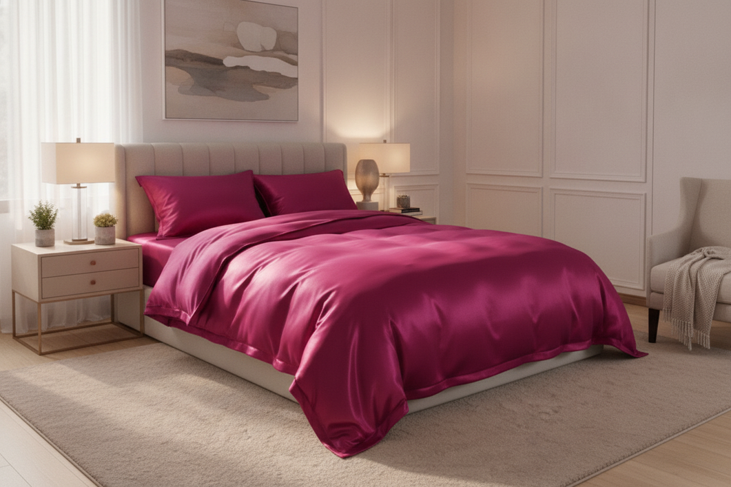 Silk bedding arranged as a shared bedroom setup for partners with different care routines