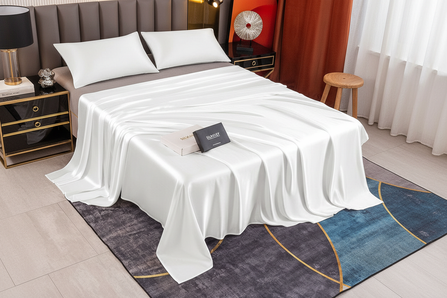 Silk bedding set arranged neatly on a made bed with coordinated bedding pieces