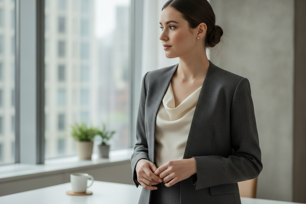 Silk blouse with a low-profile neckline layered under a tailored blazer in a clean editorial view