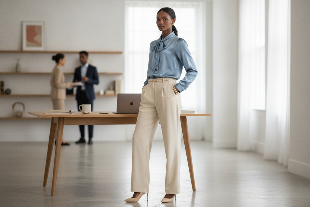 Woman wearing a polished silk blouse with a professional office outfit in a bright modern workplace