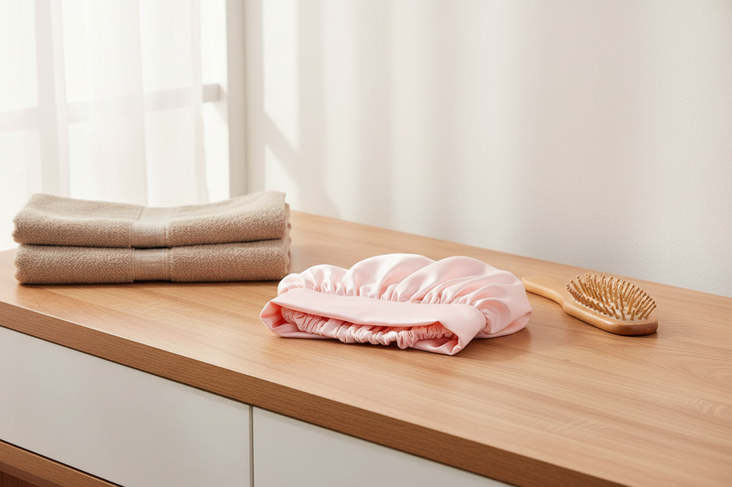 Silk sleep cap arranged as an overnight hair-care product hero on a softly lit bedroom surface