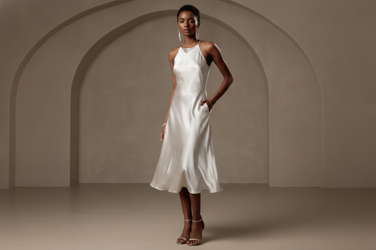 Silk dress with a lustrous surface and soft, flowing drape shown in an editorial fashion setting