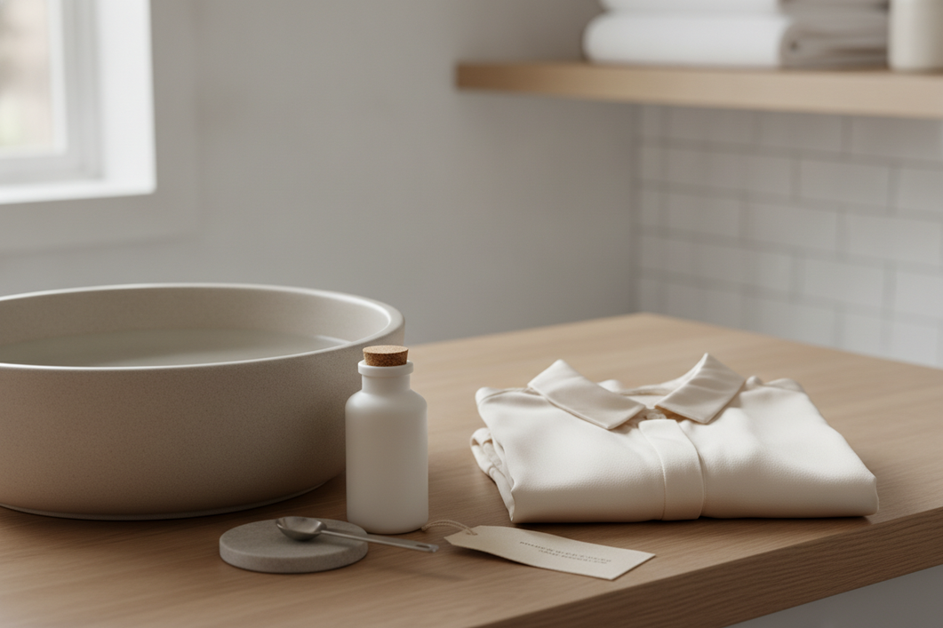 Silk garment care essentials arranged for a careful wash decision