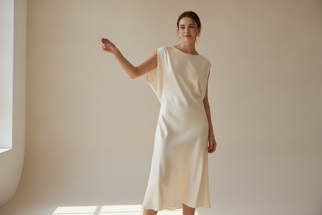 Silk dress with cap sleeves on a model standing and reaching to check armhole fit and movement