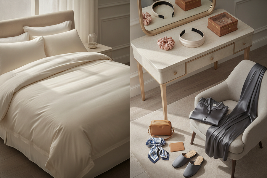 Silk gift ideas arranged for sleep, beauty, travel, and lounging routines
