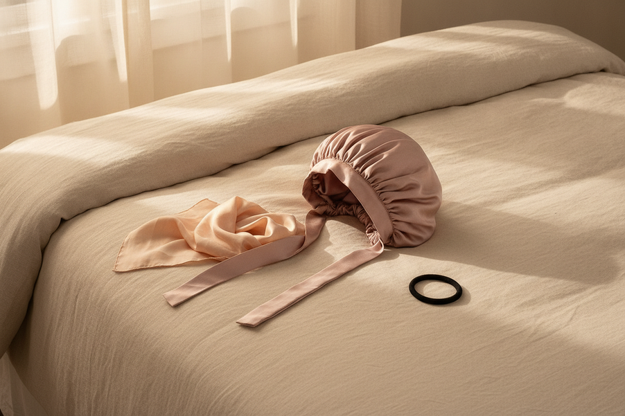 Silk bonnet with long ribbons arranged as a versatile hair-protection accessory for different hairstyles
