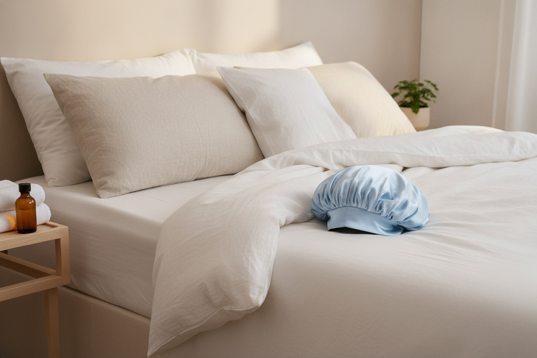 Silk head scarf arranged as an overnight hair-covering option beside a neatly styled bed