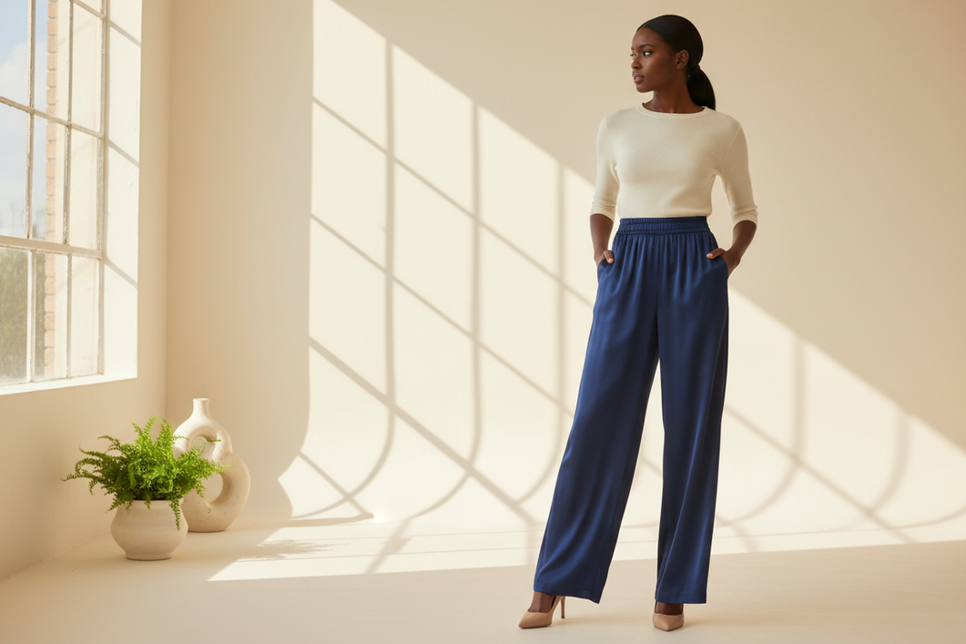 Women's silk pants shown as a polished fashion hero with a relaxed fit and smooth drape