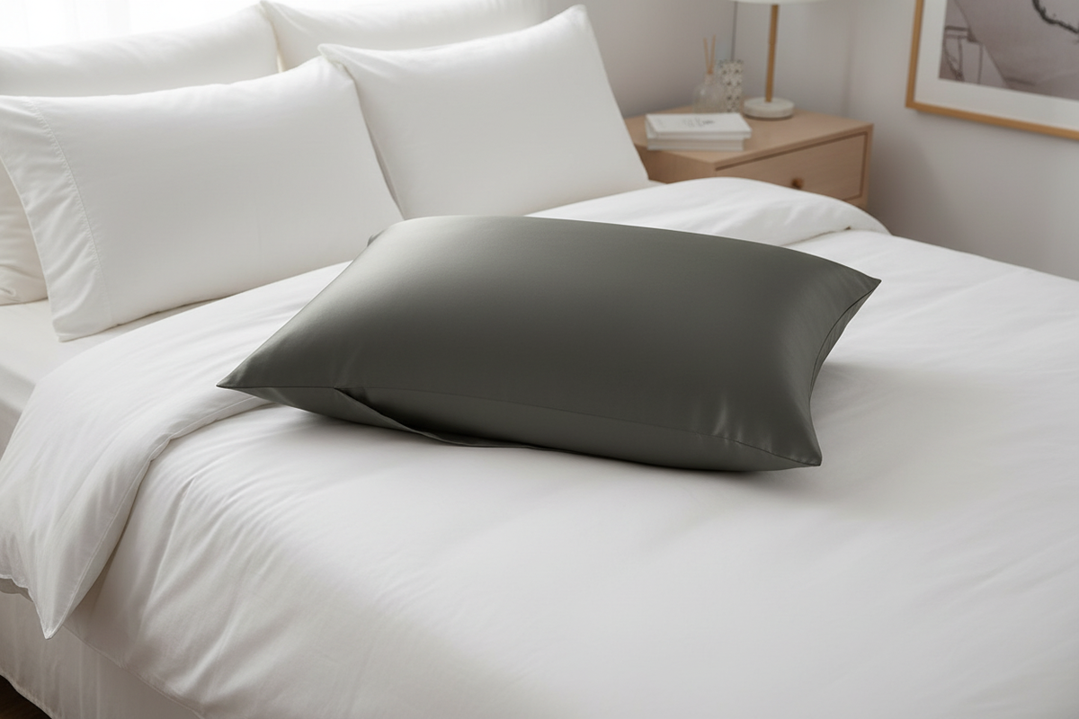 Silk pillowcase with an envelope closure arranged on a neatly made bed