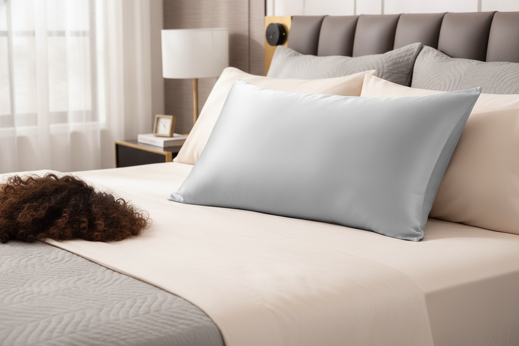 Silk pillowcase arranged on a bed beside softly gathered curly hair, presented as a buying guide hero image