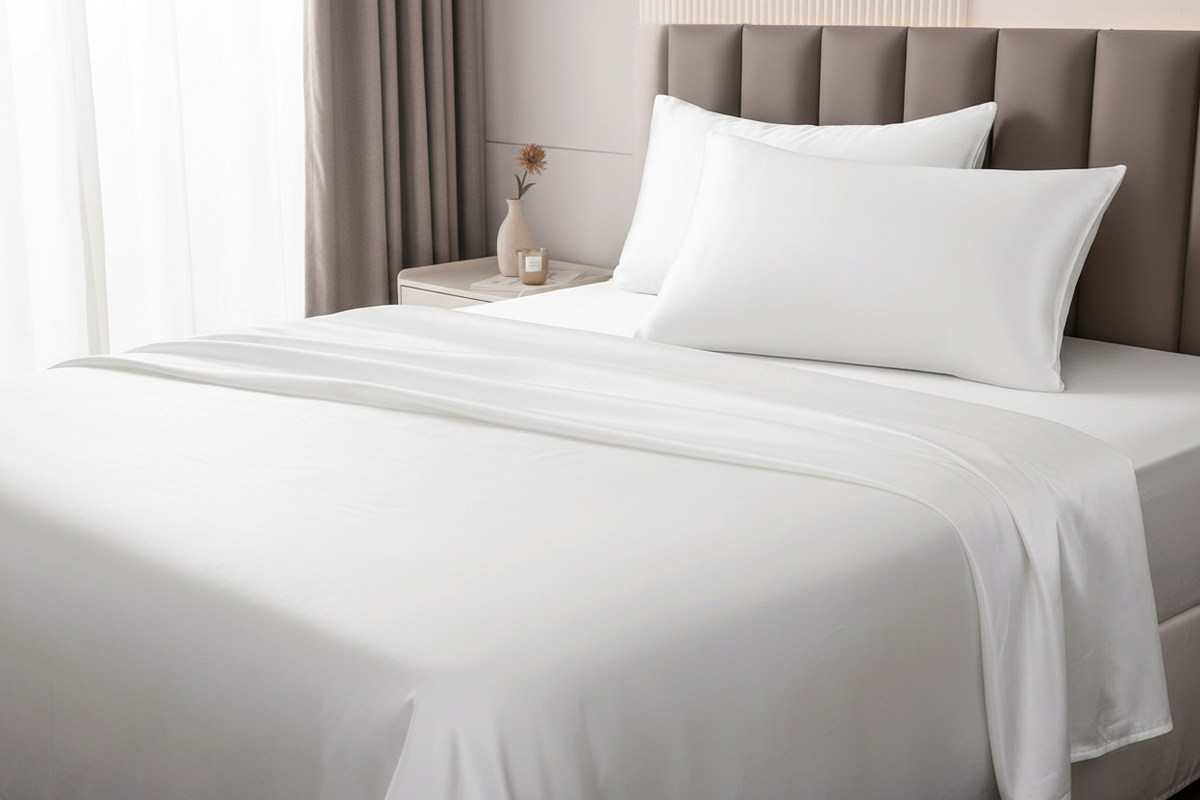 Silk pillowcase arranged on a neatly made bed in a calm bedroom setting