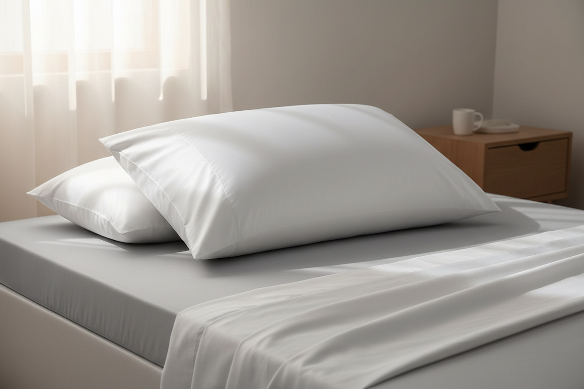 Silk pillowcase fitted over a thick, oversized pillow in a clean bedroom setting