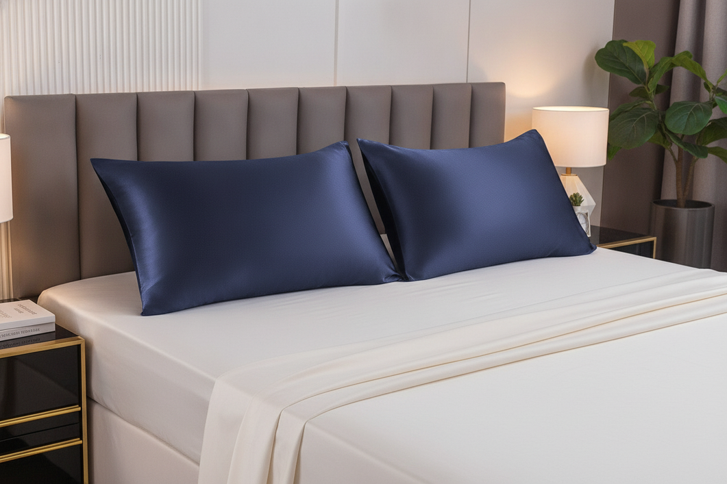 Silk pillowcase neatly arranged on a made bed as part of a practical nighttime skincare routine