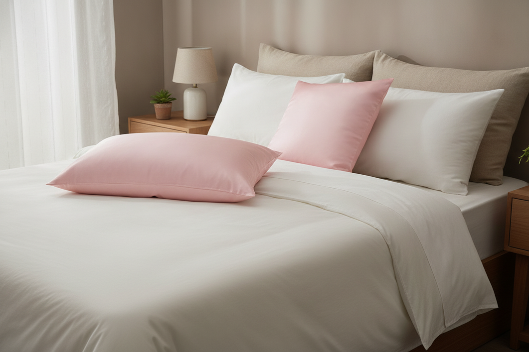 Silk pillowcase arranged on a neatly made bed in a calm bedroom setting