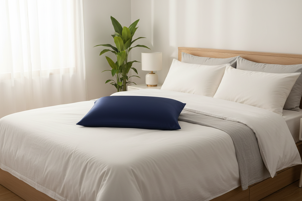 Silk pillowcase arranged on a neatly made bed for a size-shopping guide