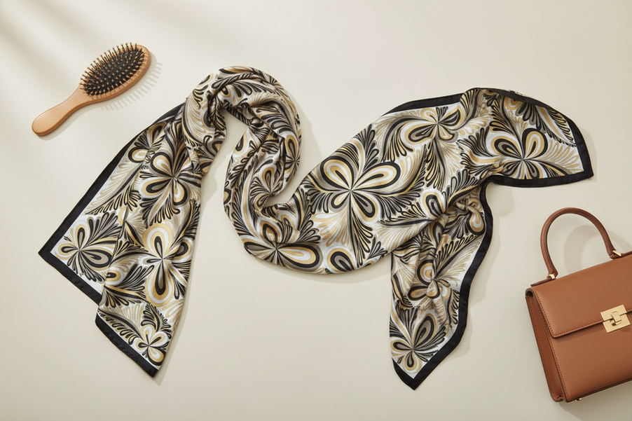 Square silk scarf styled broadly for hair, neck, and accessory use