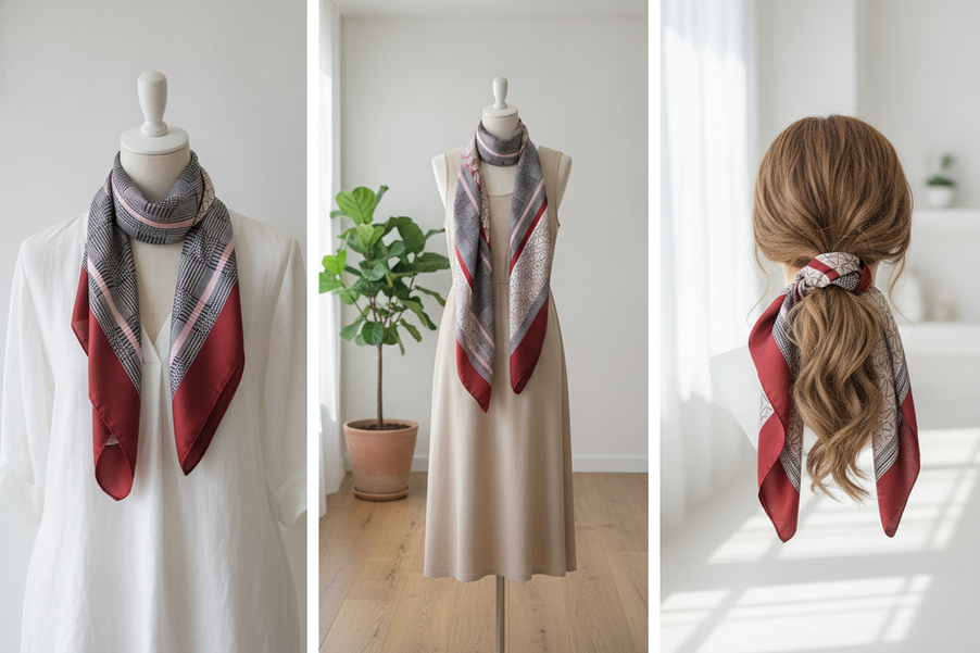 Long silk scarf styled loosely at the neck and beside a summer outfit in humid weather