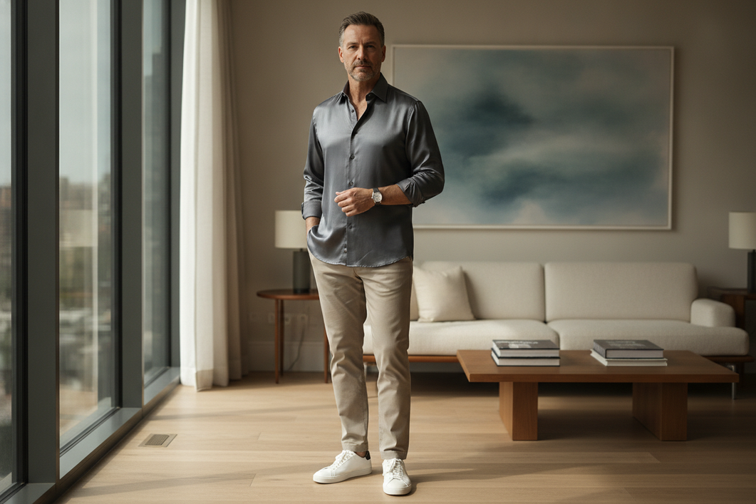 Man wearing a silk shirt in a simple polished-casual outfit