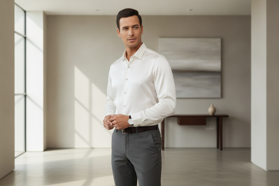Men's silk shirt styled as a polished everyday outfit in a bright editorial setting