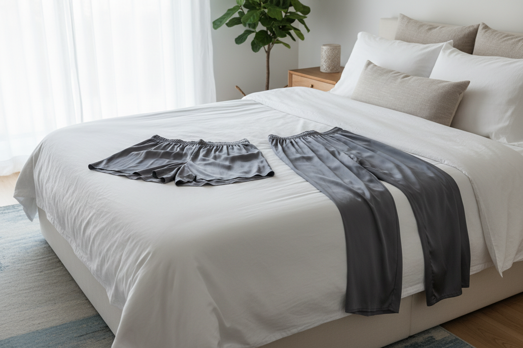 Silk pajama shorts and pants arranged side by side on a neatly made bed in a bright bedroom