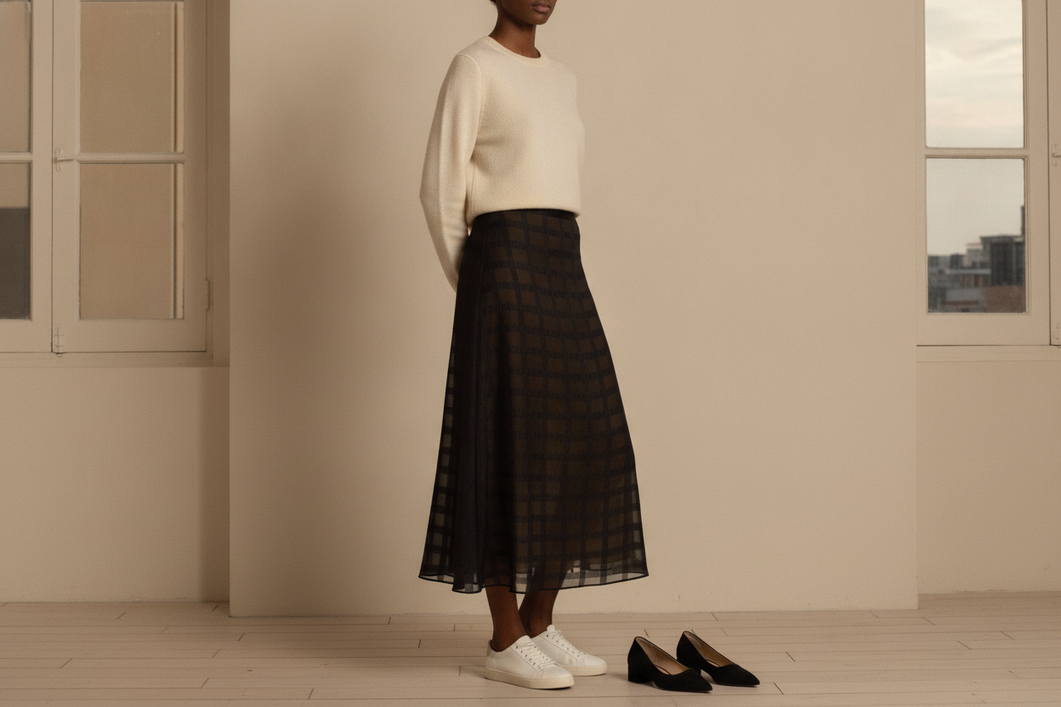 Full-length silk skirt outfit styled with versatile shoes for a daytime-to-dinner transition